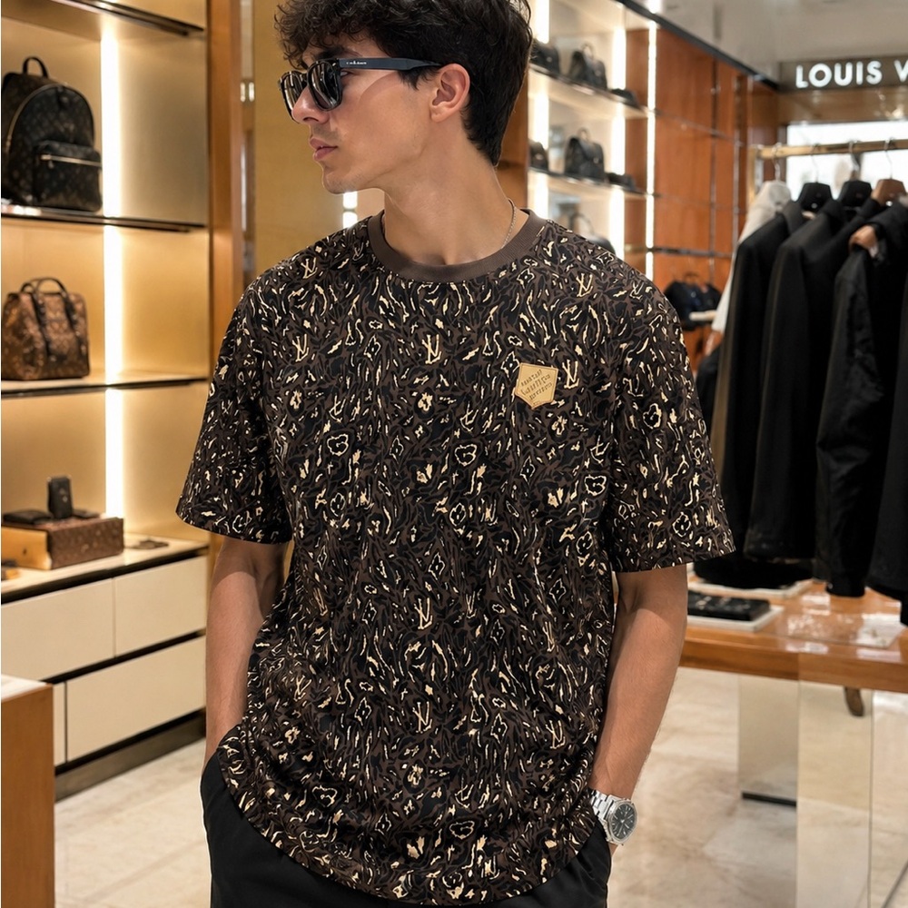 T shirt men Brown and Cream Monogram Print Short-Sleeve Shirt